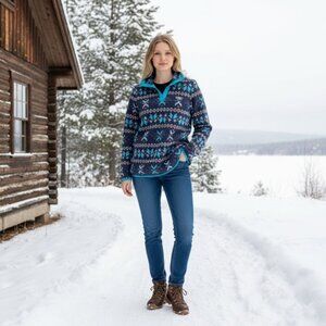 L.L. Bean Aztec Southwestern Print Pullover Sweatshirt Top 1/4 Snap